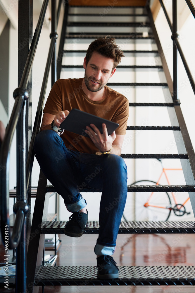 Poster man, office and smile with tablet in staircase for creative idea, research and project as brand mana