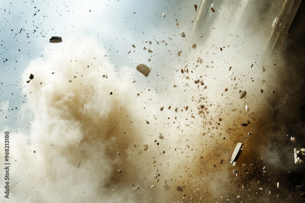 Poster this intense image captures the moment of a powerful explosion with debris and dust particles flying