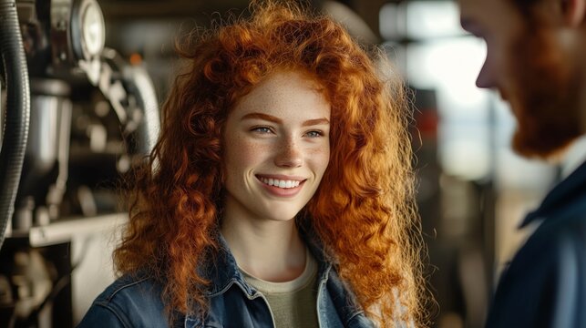 A young woman with curly red hair engages in a friendly conversation in an industrial setting during the afternoon