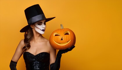 woman in black halloween costume with carved pumpkin