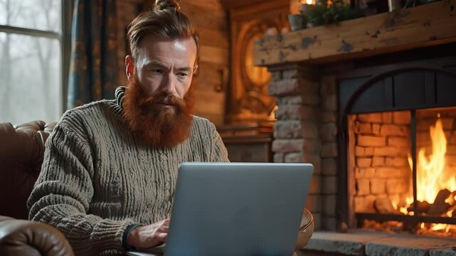 Man with Red Beard Using a Laptop in Front of a Fireplace