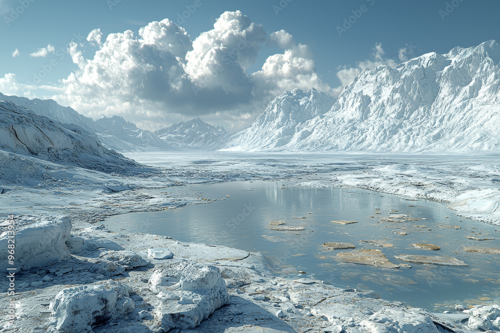 Poster a glacier retreating, exposing bare rock and soil. concept of climate change effects on natural land