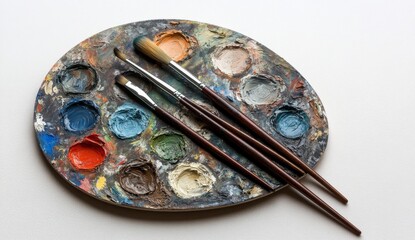 Artistic palette with paint colors and brushes arranged for creative painting session