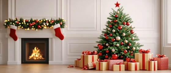 Decorated Christmas Tree with Presents and a Fireplace in a White Room
