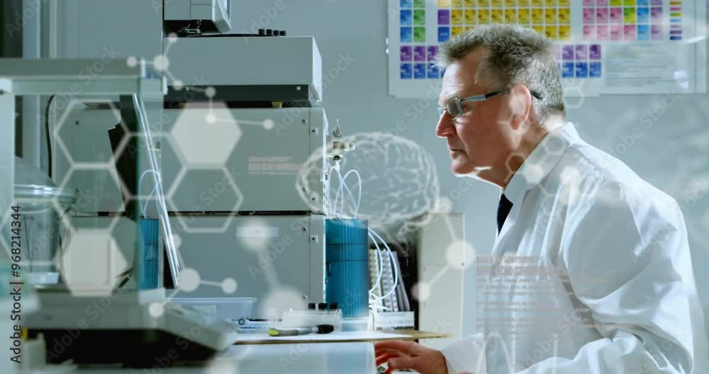Poster animation of data processing with molecules and brains over caucasian male scientist working in lab