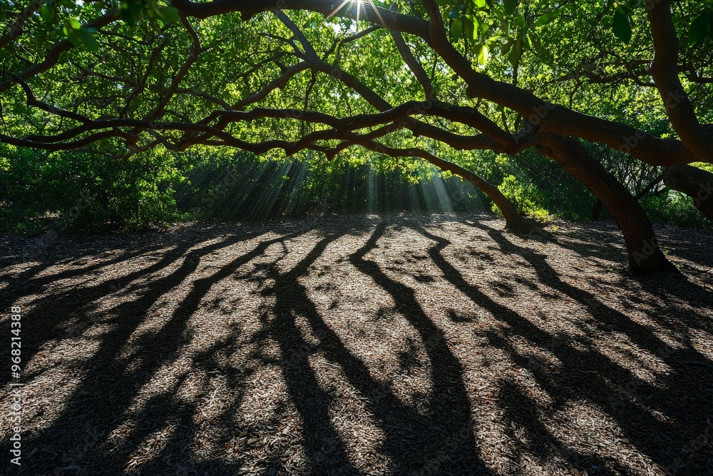 Poster Sunlight pierces through the dense canopy of tree branches, casting intricate shadows on the forest floor in a serene and peaceful natural setting.