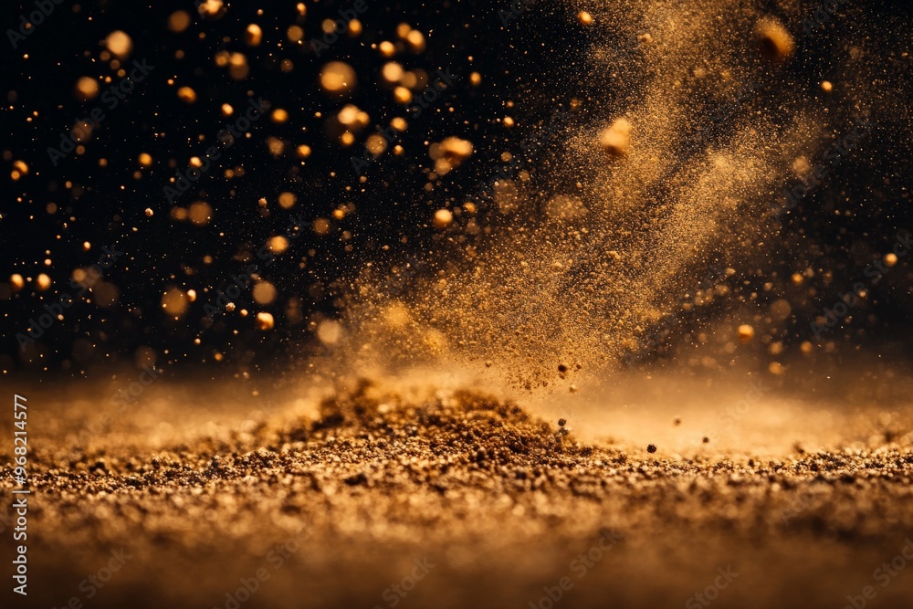 Poster an action shot capturing the artistic dispersion of golden dust particles mid-air against a dark bac
