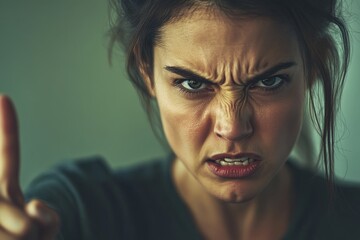 A close-up of a woman with an angered expression, furrowing her brows and pointing her finger directly at the viewer. The image captures the intensity of her emotion.