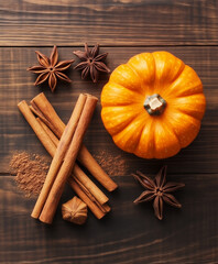 Fototapeta premium pumpkin, cinnamon sticks and star anise on wooden background
