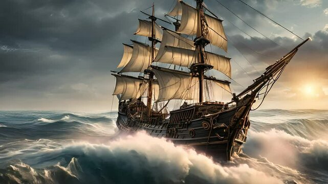 Pirate ship crossing the ocean,footage,4k,hd