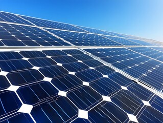A close-up of solar panels capturing sunlight, showcasing renewable energy technology under a clear blue sky.