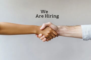 A handshake between two individuals is shown over the text 'We Are Hiring', symbolizing agreement and partnership in a professional recruitment context.