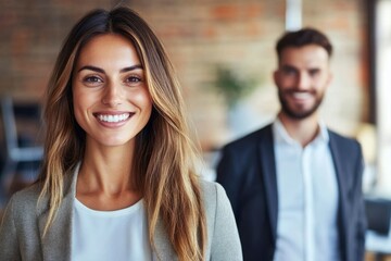 Obraz premium Smiling Woman in a Grey Blazer with a Man Blurred in the Background