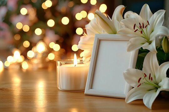 White Lilies, a Burning Candle, and a Blank Picture Frame on a Wooden Table
