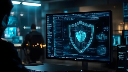 Fototapeta premium A cybersecurity professional monitors digital threats on a high-tech computer with a shield icon, representing online protection.