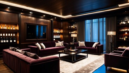 Luxury VIP style business conference room for meetings with velvet sofas and low ambient lighting.