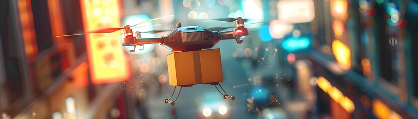 Naklejka premium A delivery drone flying over a bustling cityscape, showcasing modern technology and the future of logistics at night.