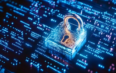 A digital padlock symbolizing cybersecurity and data protection against cyber threats and breaches in a tech environment.