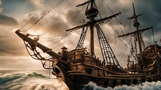 Pirate ship crossing the ocean,footage,4k,hd
