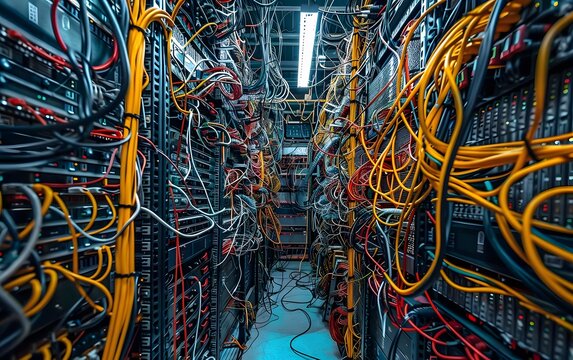 A detailed view of a server room filled with tangled cables and advanced technology equipment for data management.