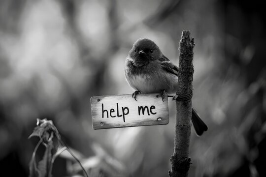 A small bird is perched on a branch with a wooden sign that says 'Help Me' carried in its beak. The monochromatic image captures a poignant moment in nature.