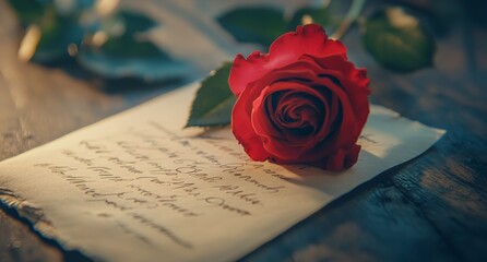 A delicate pink rose rests on an old handwritten letter on a textured surface