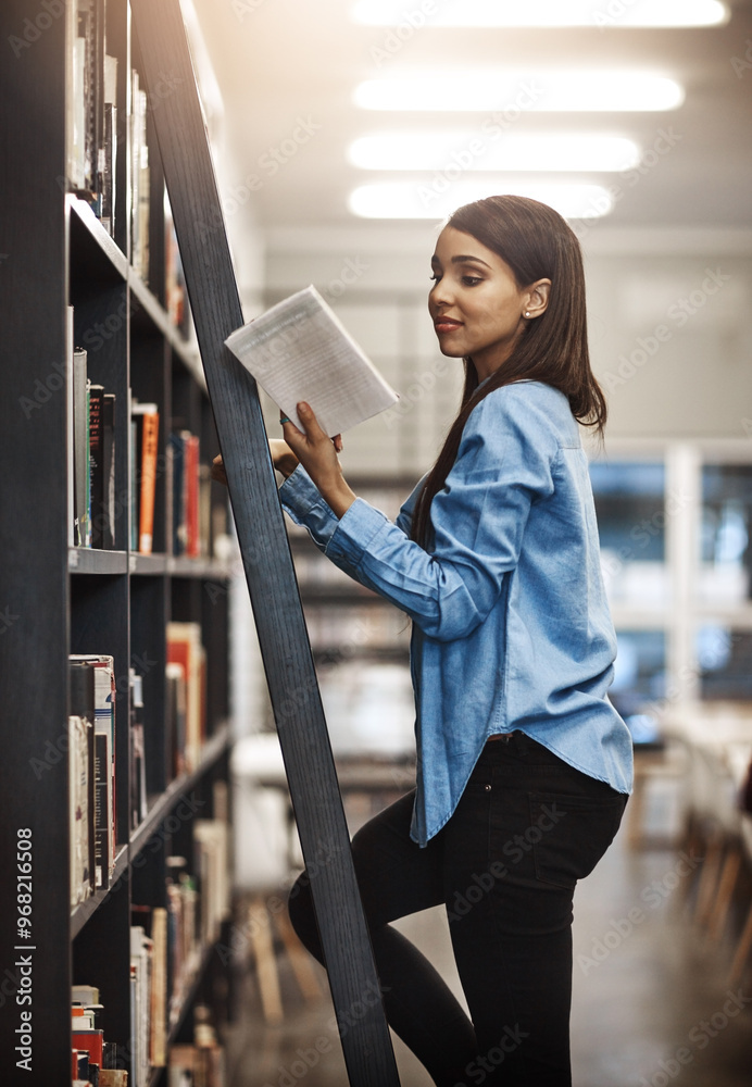 Aufkleber woman, college student and read on bookshelf with ladder for text book and research with notebook. f