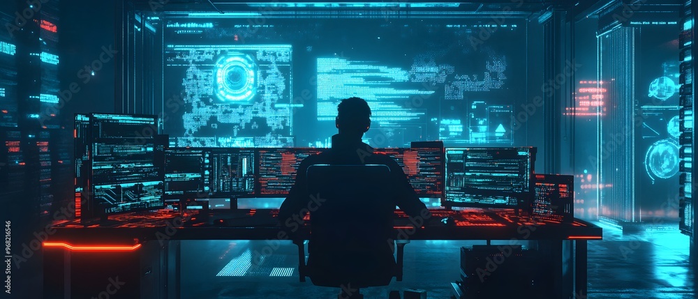 Poster a focused individual working at a high-tech computer setup, surrounded by vibrant screens and futuri