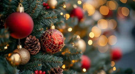 Elegant Christmas tree decorations with colorful ornaments and warm holiday lights