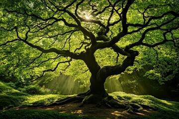 Fototapeta premium A beautifully sunlit tree showcases its spreading branches and lush green leaves, with sunlight streaming through, providing an awe-inspiring view of nature's splendor.
