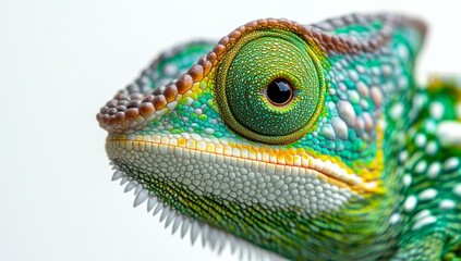 Fototapeta premium Colorful chameleon displaying vibrant patterns on its scales in natural light