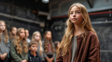 Fototapeta premium Young girl standing in front of a group of children