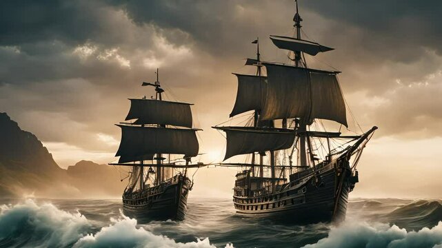 Pirate ship crossing the ocean,footage,4k,hd