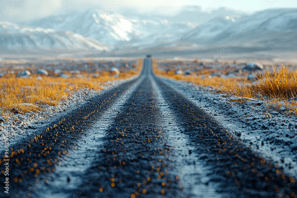 Poster Faded tire marks on a deserted road, indicating a recent vehicle's path. Concept of transportation and road use.