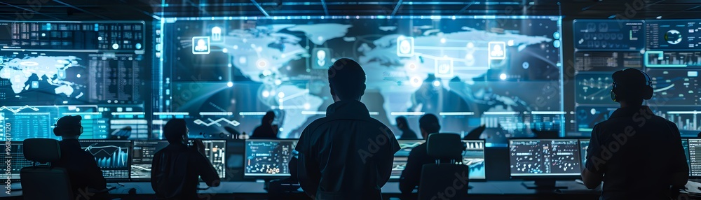 Poster a futuristic control room with operators monitoring global data on large screens, showcasing advance