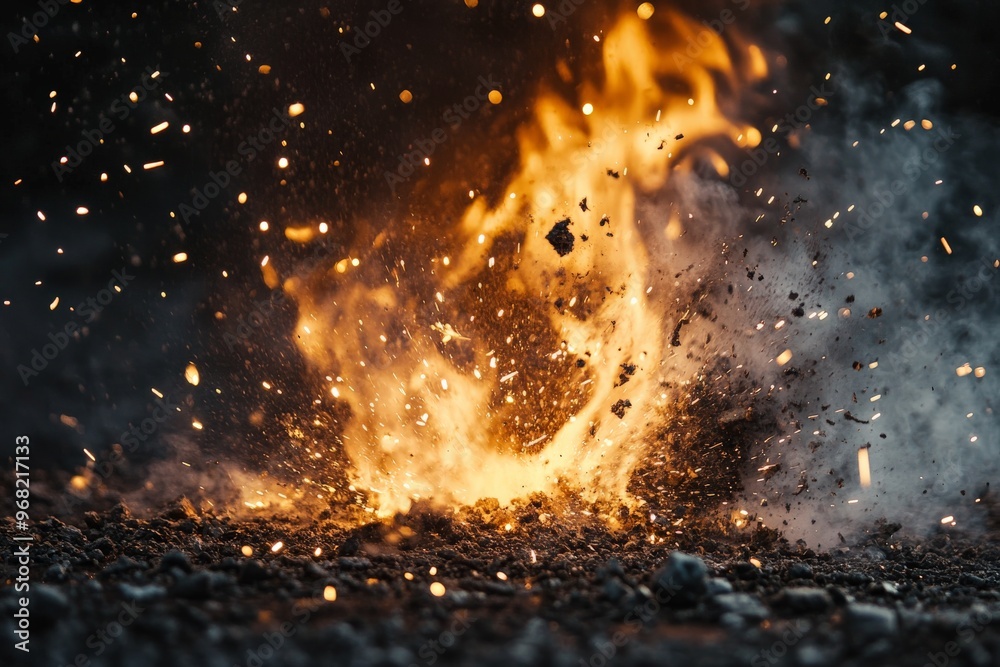 Poster The image showcases mighty flames and flying debris during a powerful explosive event, illustrating the force and destructive capability of a sudden detonation.