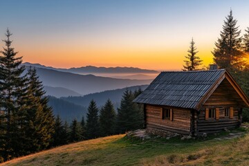 A solitary log cabin, perched on a hill, with a stunning backdrop of a mountainous region adorned by the golden hues of a sunset, creating an idyllic and serene scene.