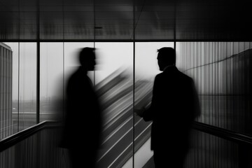 Fototapeta premium Two Silhouettes In Blurred Motion Stand By A Window In A Modern Building