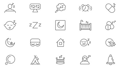 Sleep line icon collection. Sleeping, bedroom, dream, pillow, bed, alarm clock, disorders, insomnia, night and rest icon set. UI outline icon pack