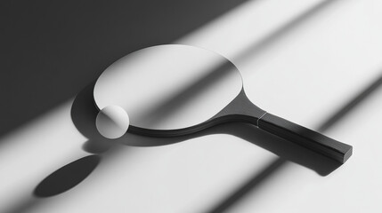 "Monochrome 3D illustration of a table tennis racket and ball, casting shadows on a white background, representing sports, competition, and leisure."







