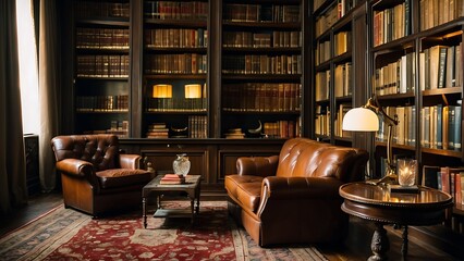 Cosy vintage library with brown leather sofas and luxurious chandelier light. Private members club library