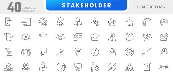 Stakeholder line icon collection. Partners, customers, investors, business, management, collaboration, strategy, team, government, community, trade unions, and customers icon set. UI outline icon pack