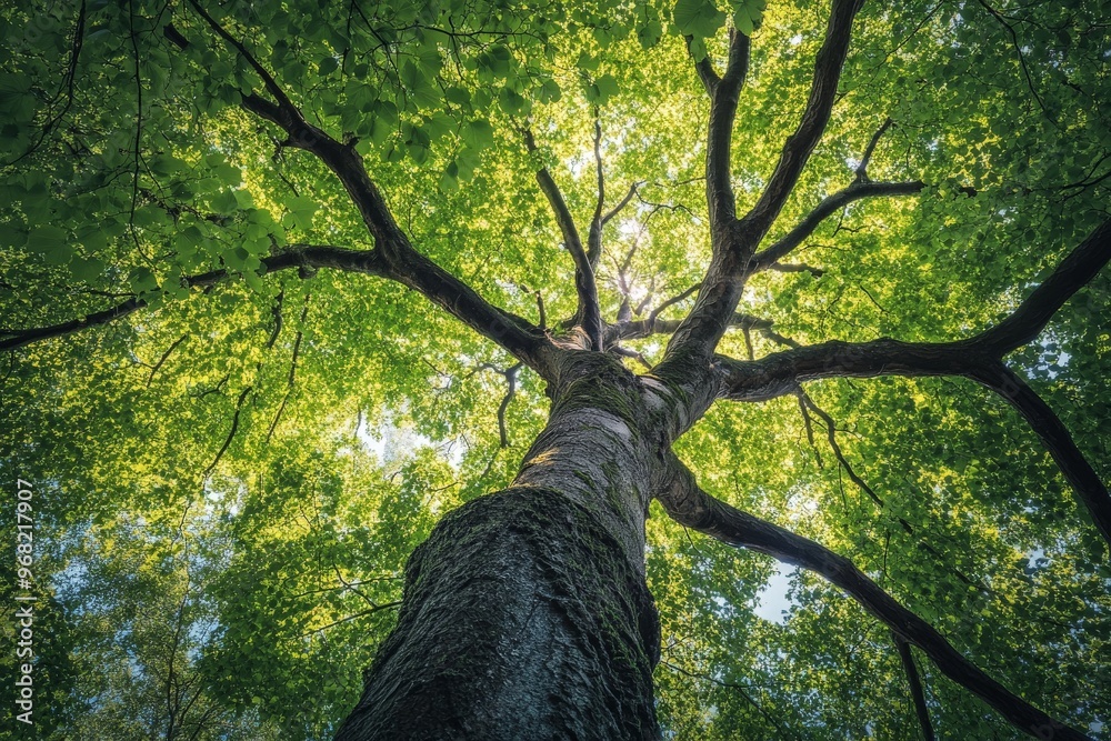 Poster under the tree, sunlight rays are captured beautifully as they break through the green leaves and br
