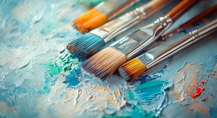 Fototapeta premium Artistic brushes on a vibrant palette of colorful paint in a creative workspace