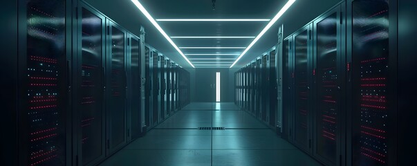 A futuristic server room featuring sleek technology and illuminated pathways, showcasing powerful data processing capabilities.