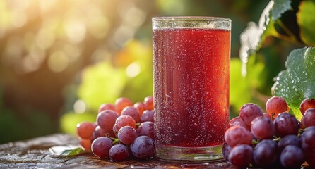 Refreshing sparkling grape juice served in glass beside fresh grapes in a sunlit garden