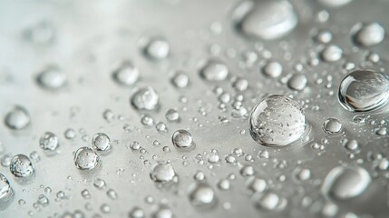 Fototapeta premium Close-up of water droplets on a smooth surface reflecting light on a clear day