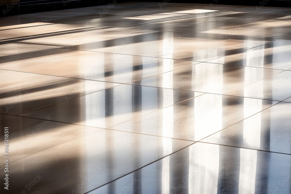 Aufkleber Sunlight streams through large windows, casting warm reflections and intricate light patterns across a smooth, polished tiled floor, creating a serene and inviting atmosphere.