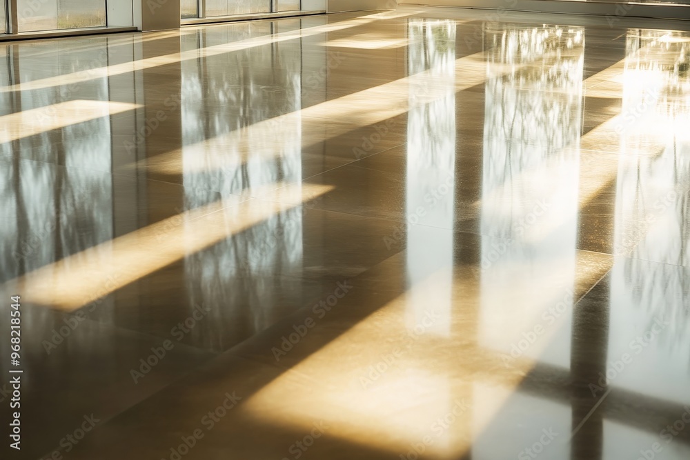 Aufkleber golden sunlight filters through windows, illuminating a polished tile floor with artistic shadows, c