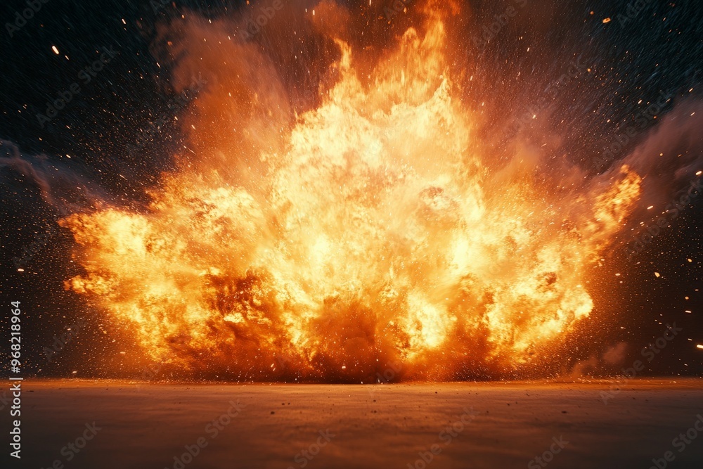 Poster a colossal explosion creates a massive fireball, engulfing the surroundings with intense flames and 